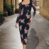 Trendyol Black Tulle Floral testhezálló szögletes nyakú hosszú ujjú Maxi rugalmas kötött ruha