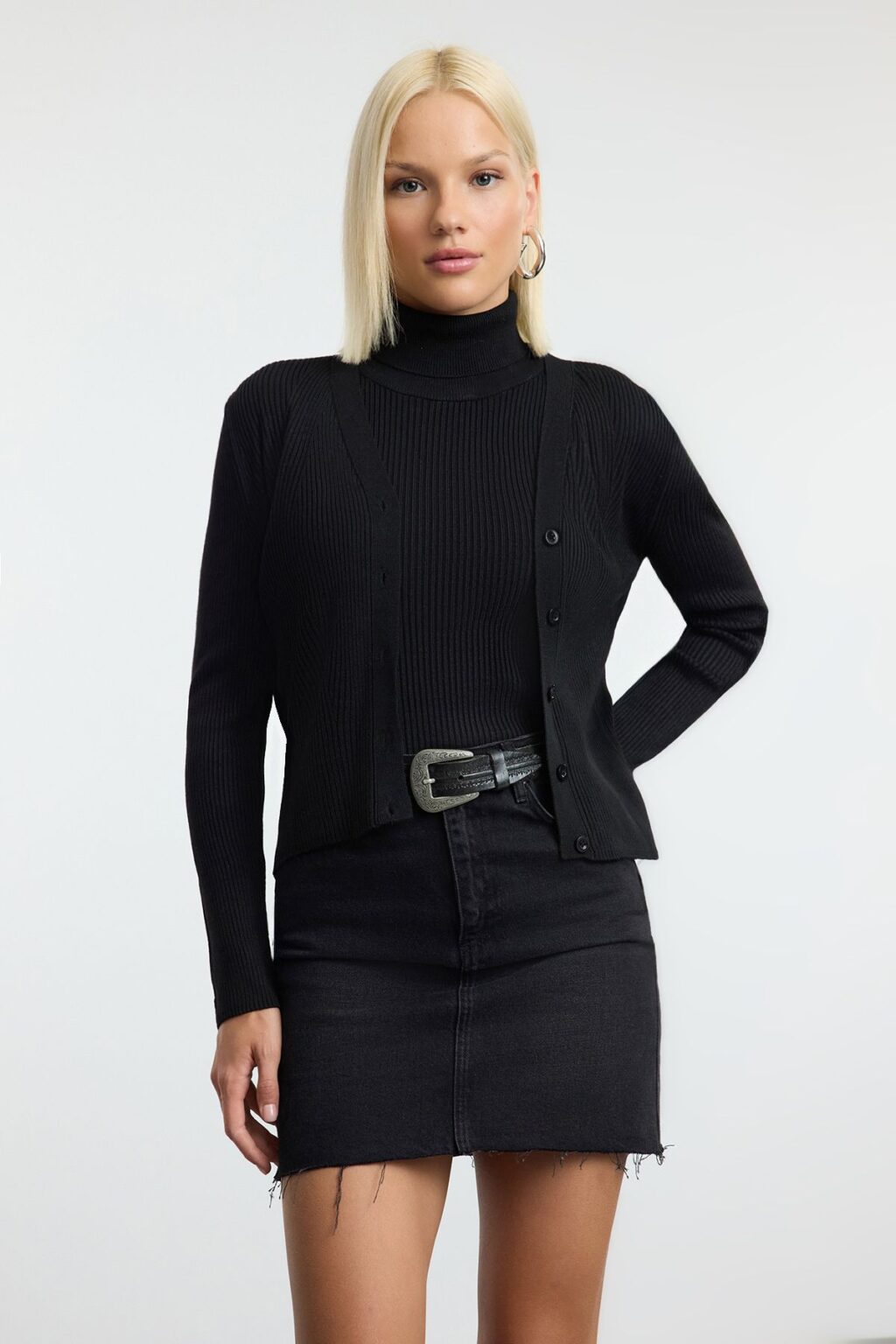 Trendyol Black V Neck Knitted Blouse-Cardigan Set