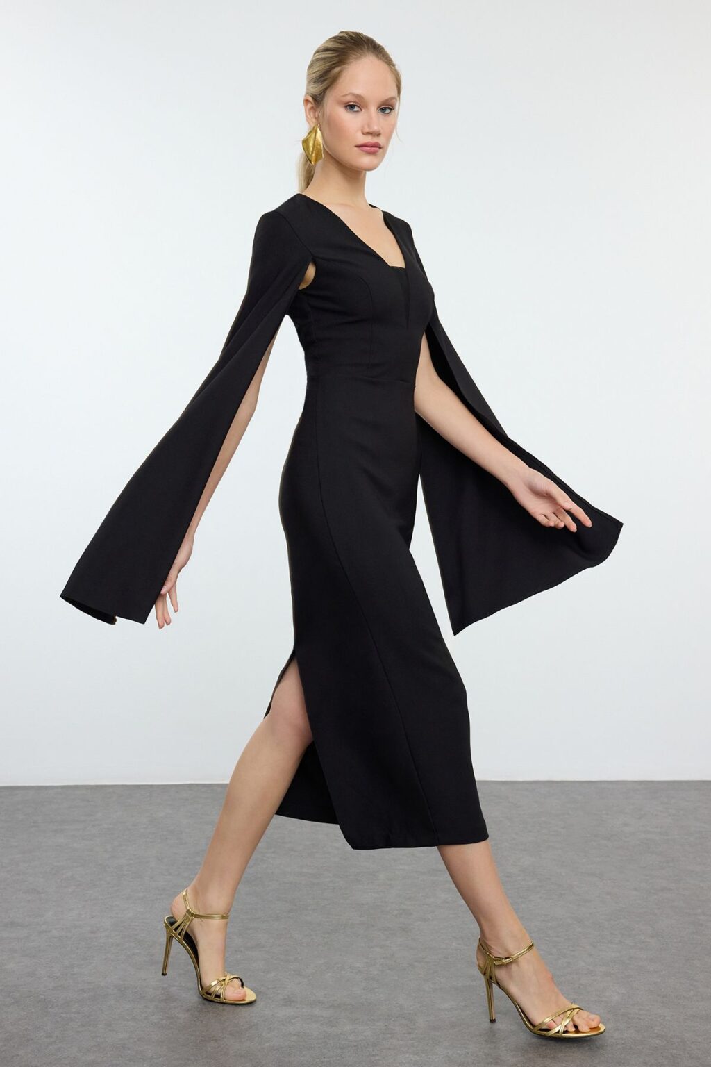 Trendyol Black V Neck Woven Chic Midi Evening Dress