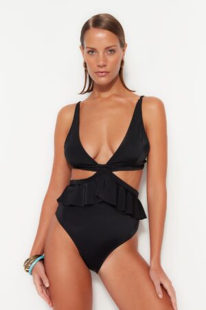 Trendyol Black V-Neck alternatív viselet normál lábú fürdőruha
