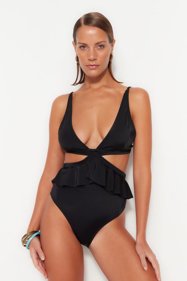 Trendyol Black V-Neck alternatív viselet normál lábú fürdőruha