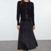 Trendyol Black Velvet Elastic Waist Flared Midi Skirt