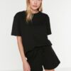 Trendyol Black Waffle Fabric Knitted Pajama Set with Shorts