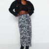 Trendyol Black Waist Detail Printed Flexible Tulle Maxi Knitted Skirt