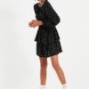 Trendyol Black Waist Opening Flounce Crew Neck Mini szőtt ruha