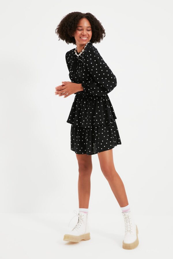 Trendyol Black Waist Opening Flounce Crew Neck Mini szőtt ruha