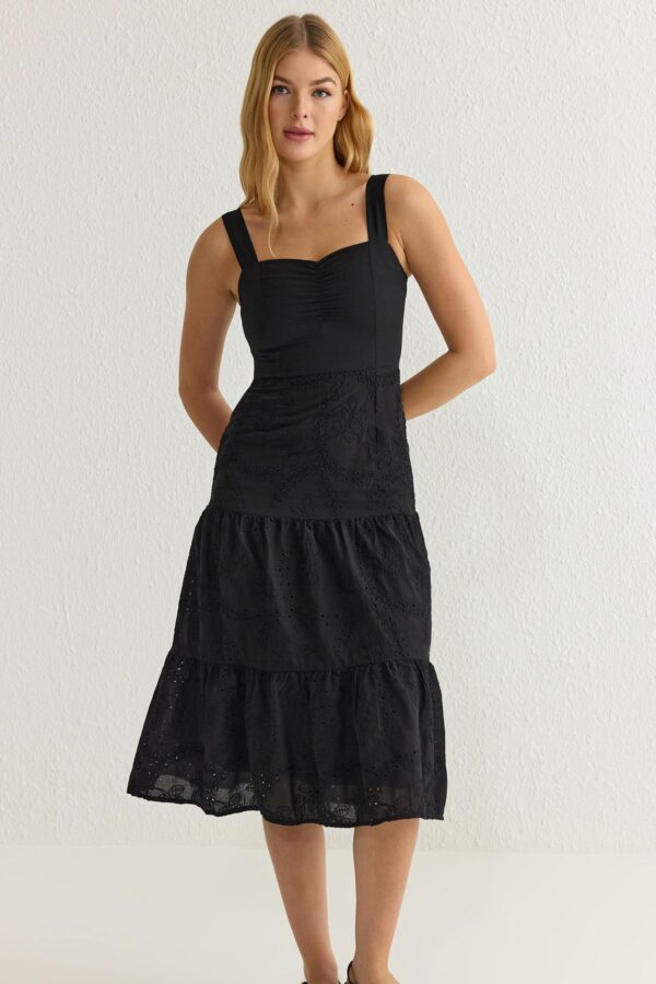 Trendyol Black Waist Opening Midi Embroidered Lined Woven Dress