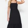 Trendyol Black Waist nyitó midi szőtt hátsó részlet szőtt ruha