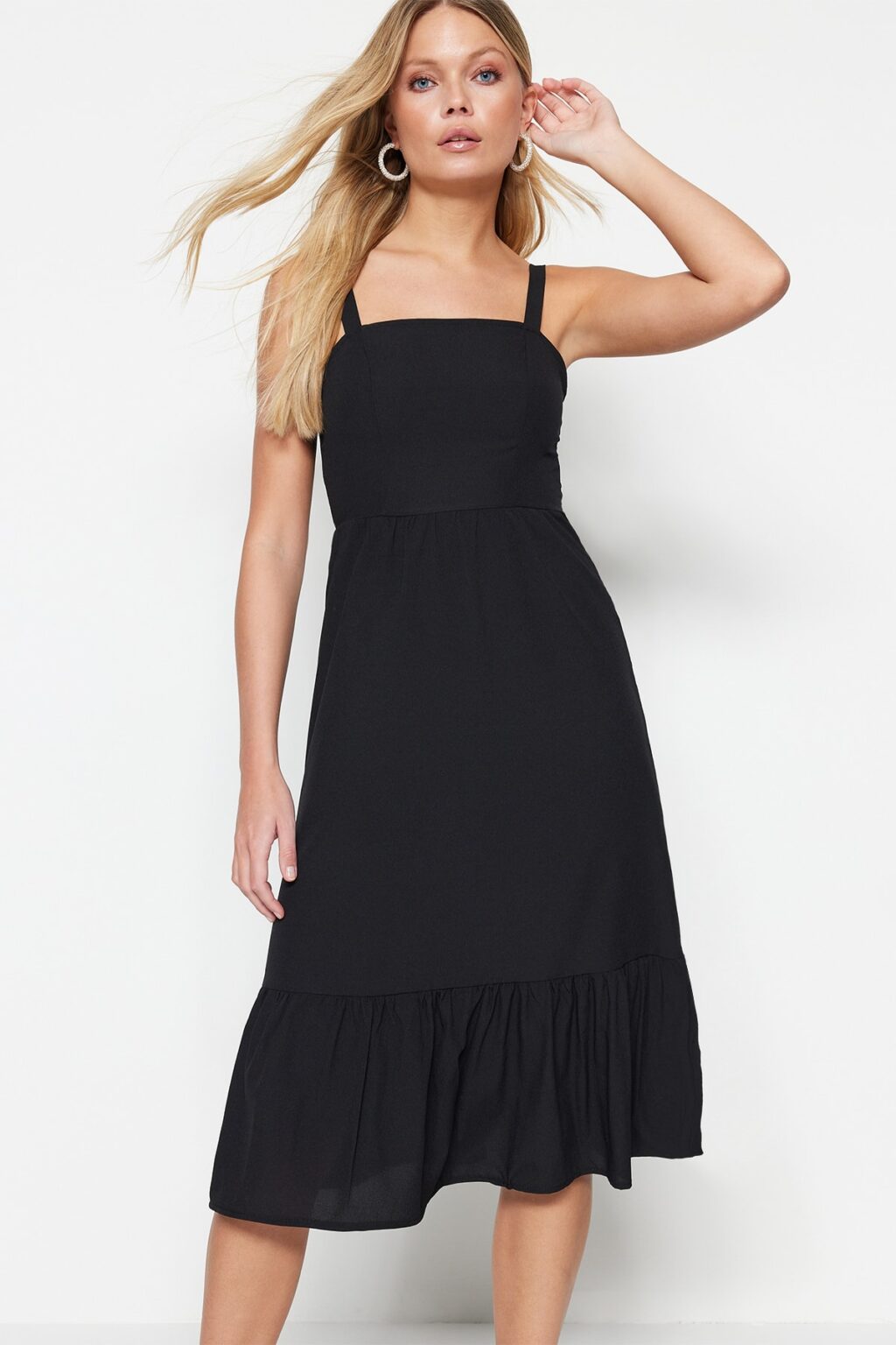 Trendyol Black Waist nyitó midi szőtt hátsó részlet szőtt ruha