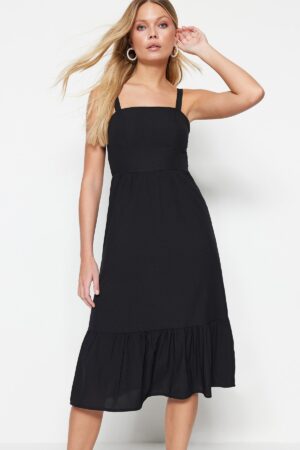 Trendyol Black Waist nyitó midi szőtt hátsó részlet szőtt ruha