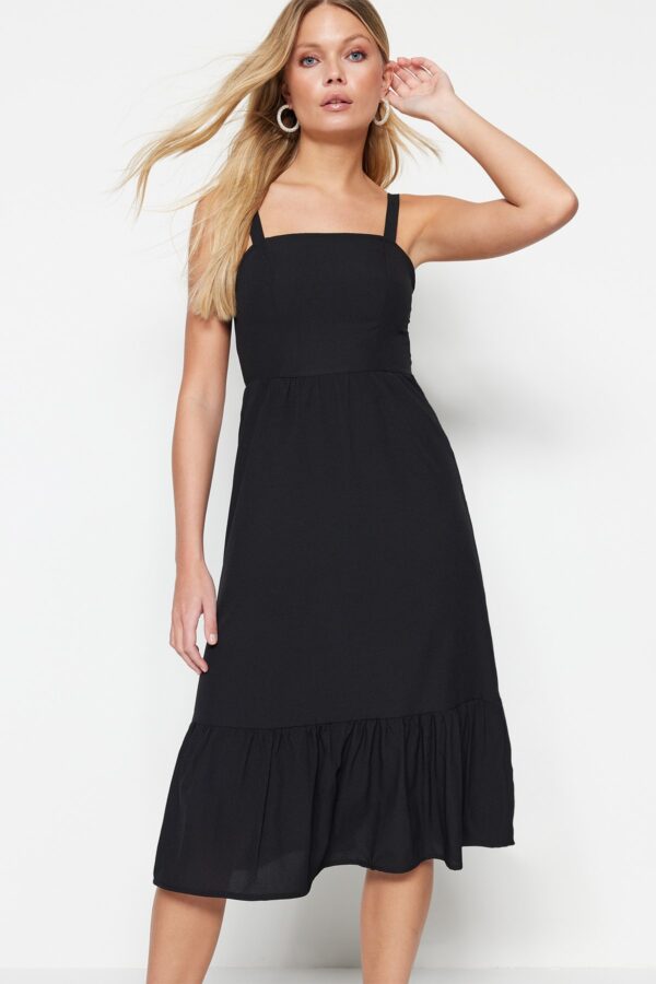 Trendyol Black Waist nyitó midi szőtt hátsó részlet szőtt ruha