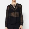 Trendyol Black Weave Sheer Blouse with Lace-up Detail