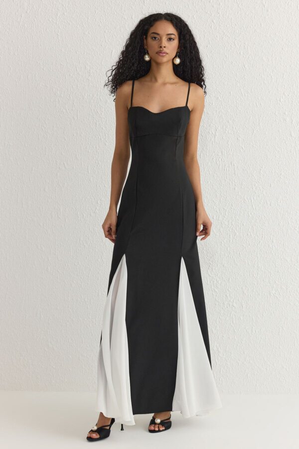 Trendyol Black-White Chiffon Skirt Detailed Long Woven Evening Dress