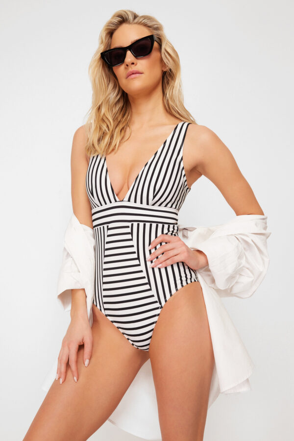 Trendyol Black-White Striped V-Neck Regular Swimsuit