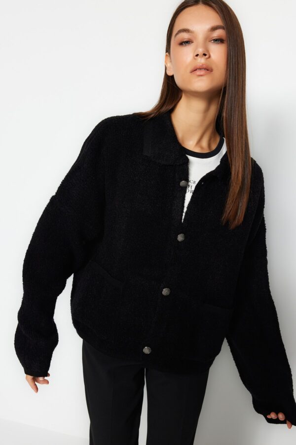 Trendyol Black Wide Fit Boucle kötöttáru Cardigan