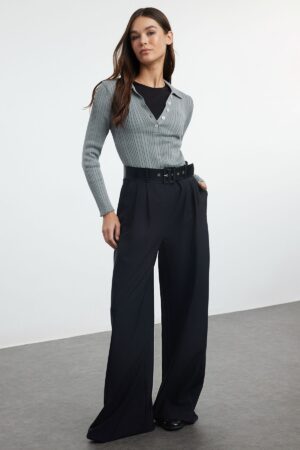 Trendyol Black Wide Leg Belted Fabric Woven Trousers