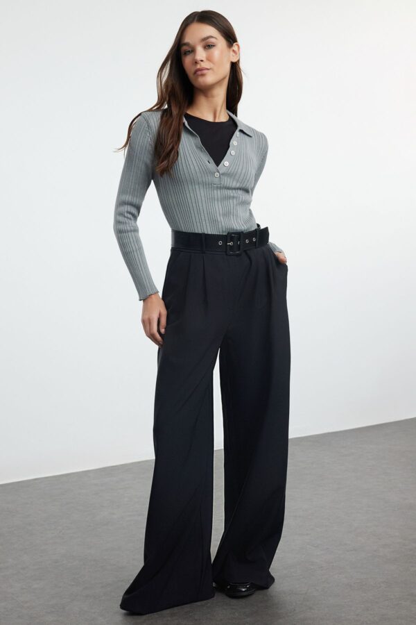 Trendyol Black Wide Leg Belted Fabric Woven Trousers