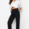 Trendyol Black Wide Leg/Wide Leg Woven Belt Detail Pleated Trousers