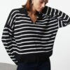 Trendyol Black Wide Pattern Polo Collar Striped Knitwear Sweater