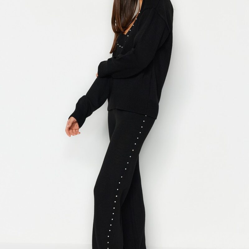 Trendyol Black Wide Pattern Stone Detailed Knitwear Bottom-Top Set