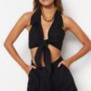 Trendyol Black Woven Tie Blouse and Shorts Set