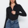Trendyol Black Zipper Collar Detailed Snap Snap Elastic Knitted Bodysuit