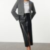 Trendyol Black Zipper Detail Midi Faux Leather Weaving Skirt