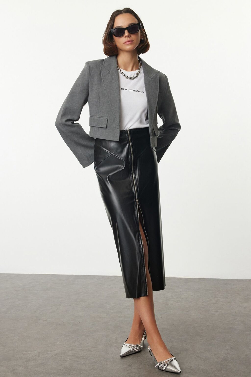 Trendyol Black Zipper Detail Midi Faux Leather Weaving Skirt