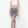 Trendyol Black and White Patterned Gathered Slit Lined Flexible Midi Skirt