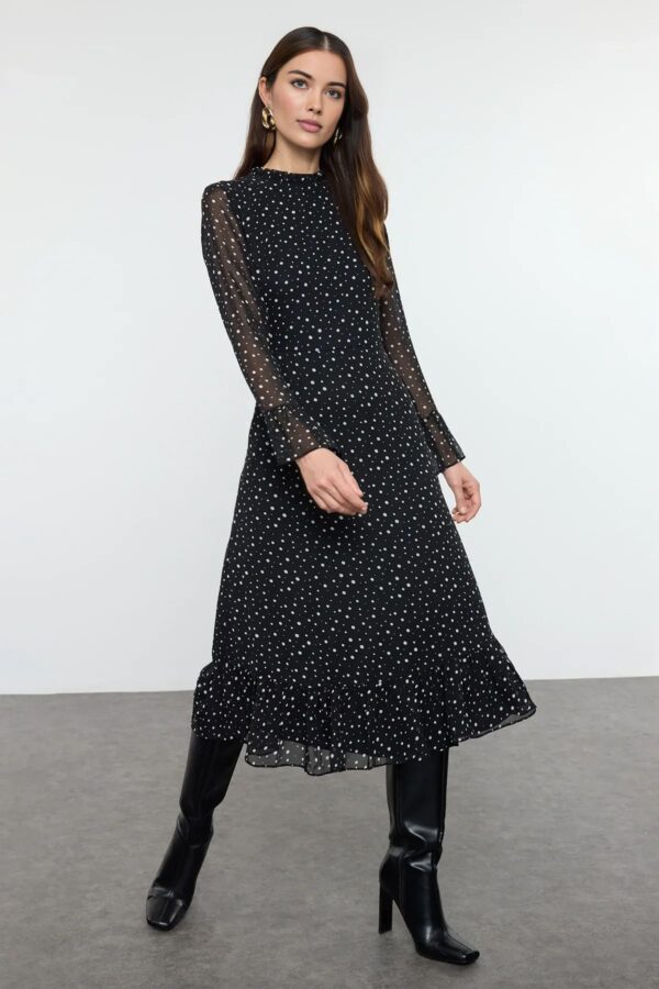 Trendyol Black and White Polka Dot Patterned A-Line Midi Lined Chiffon Woven Winter Dress
