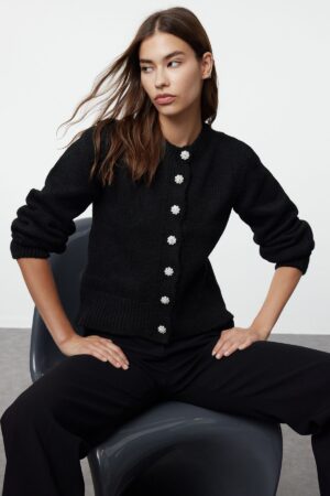 Trendyol Black puha texturált ékszer gomb kötöttáru Cardigan