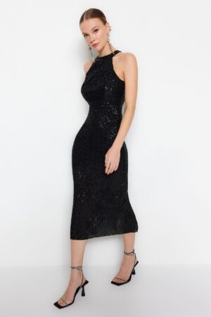 Trendyol Black testhezálló kötött bélelt fényes flitteres flitteres elegáns estélyi ruha