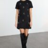 Trendyol Black*001 Plain Pearl/Troc/Stone/Bird's Eye Mini Crew Neck Stone Detailed Suede Knit Dress