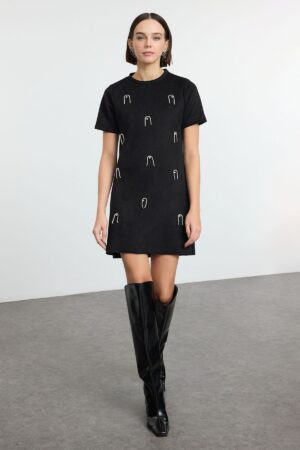 Trendyol Black*001 Plain Pearl/Troc/Stone/Bird's Eye Mini Crew Neck Stone Detailed Suede Knit Dress