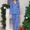 Trendyol Blue 100% Cotton Christmas Themed Knitted Pajama Set