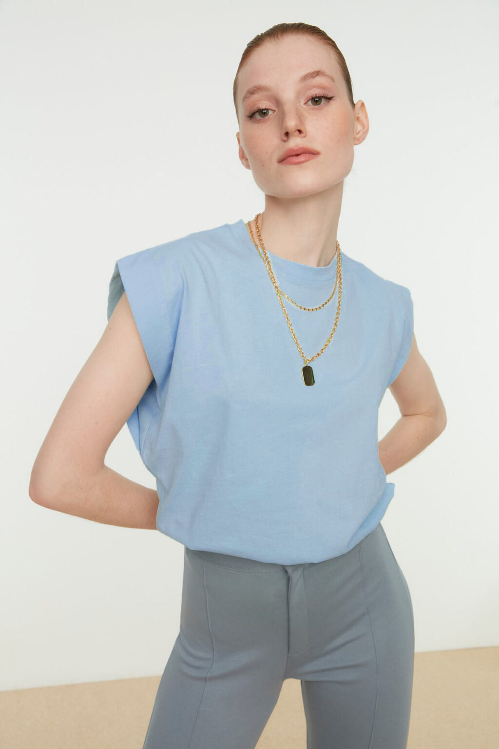 Trendyol Blue 100% Cotton Padded Look Basic Crew Neck Knitted T-Shirt