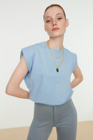 Trendyol Blue 100% Cotton Padded Look Basic Crew Neck Knitted T-Shirt Trendyol Blue 100% Cotton Padded Look Basic Crew Neck Knitted T-Shirt