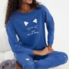 Trendyol Blue 100% Cotton Printed Knitted Pajamas Set