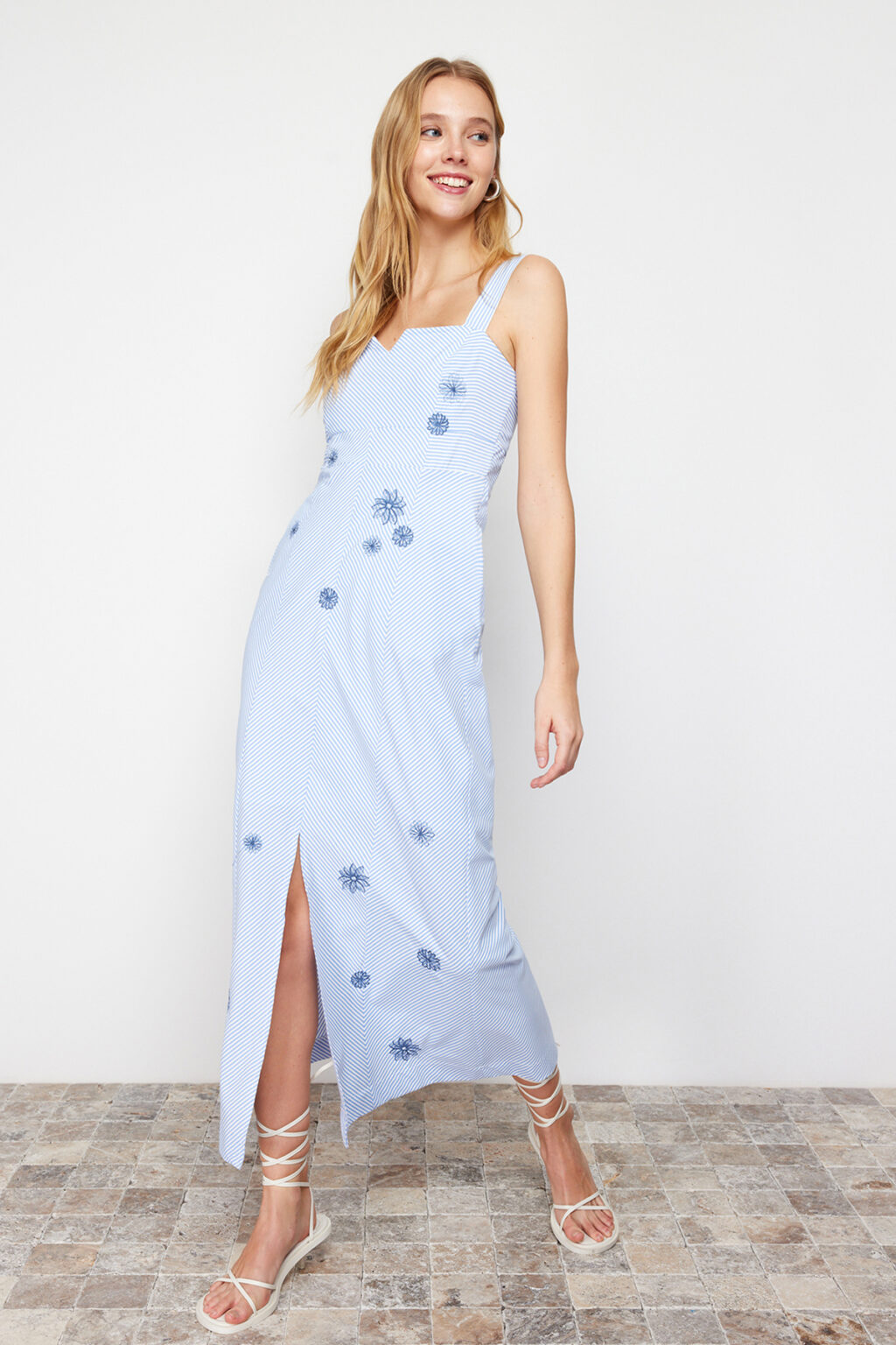 Trendyol Blue A-Line Embroidered Square Neck Maxi Woven Dress