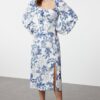 Trendyol Blue Abstract Blue Floral Patterned Midi Woven Dress