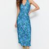 Trendyol Blue Back Detail Floral Printed Bodycone/Fitted Midi Stretch Knitted Pencil Dress