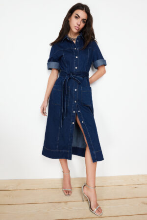 Trendyol Blue Belted Maxi Denim Dress
