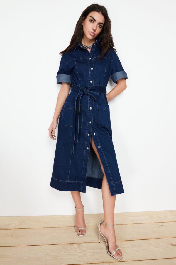 Trendyol Blue Belted Maxi Denim Dress