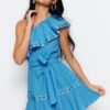 Trendyol Blue Belted Mini Weave Stripe Accessoried One-Shoulder 100% Cotton Beach Dress