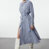 Trendyol Blue Belted Striped Midi Woven Shirt Dress