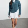Trendyol Blue Boucle Yarn Zippered High Collar Knitwear Sweater