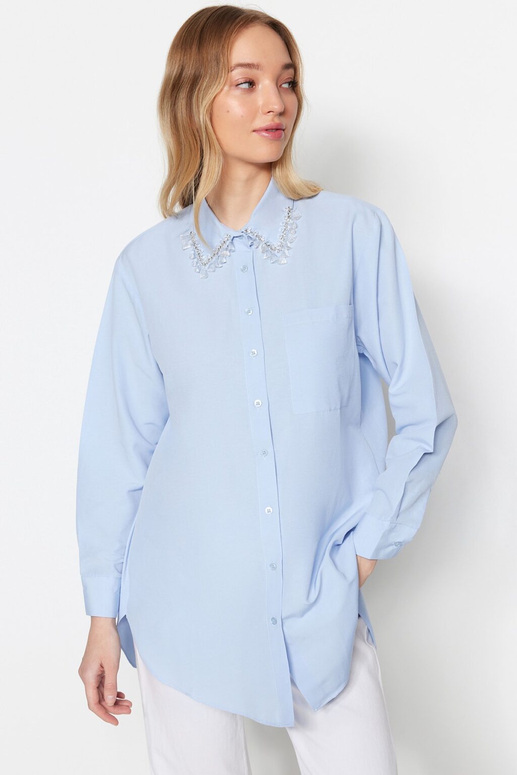 Trendyol Blue Collar Accessory Detail Woven Cotton Shirt