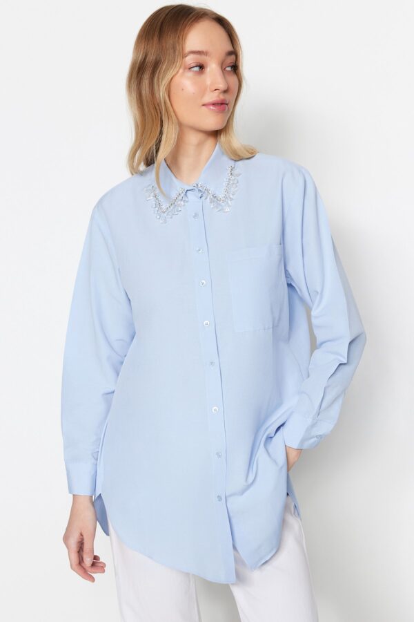 Trendyol Blue Collar Accessory Detail Woven Cotton Shirt
