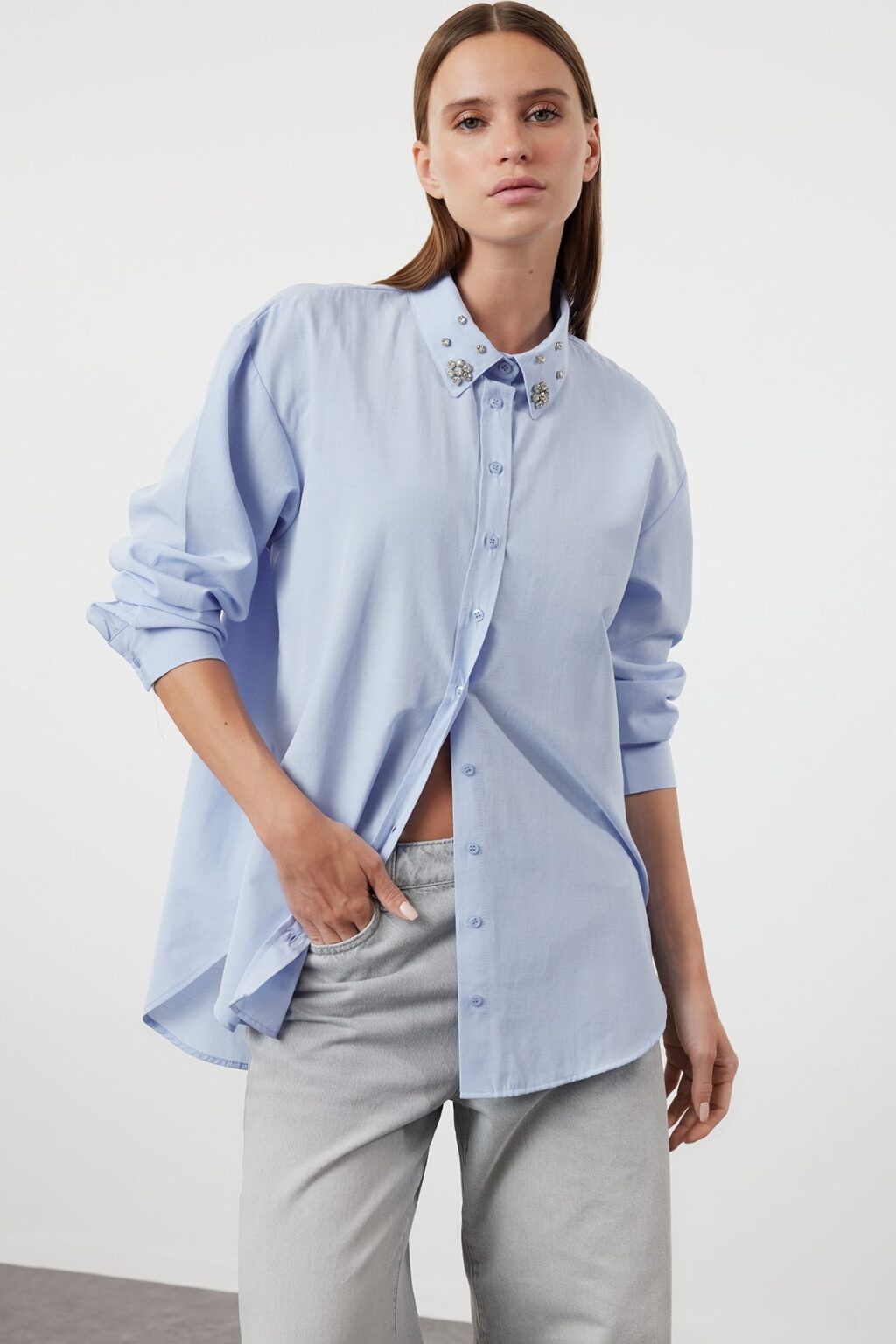 Trendyol Blue Collar Stone Detailed Oversize Wide Fit Woven Shirt