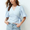 Trendyol Blue Double Breasted Tie Detailed Woven Blouse